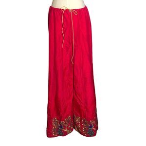 Bollywood Boho Maxi Lehenga Skirt Fuchsia Pink Gold Embroidered Peacocks